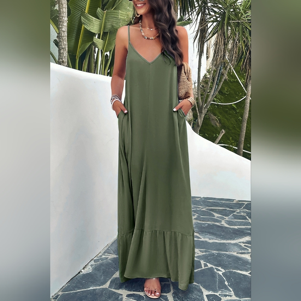 Oversized Pocket Casual Sleeveless V-Neck Low Back Long Summer Maxi Dress - Picture 11 of 12